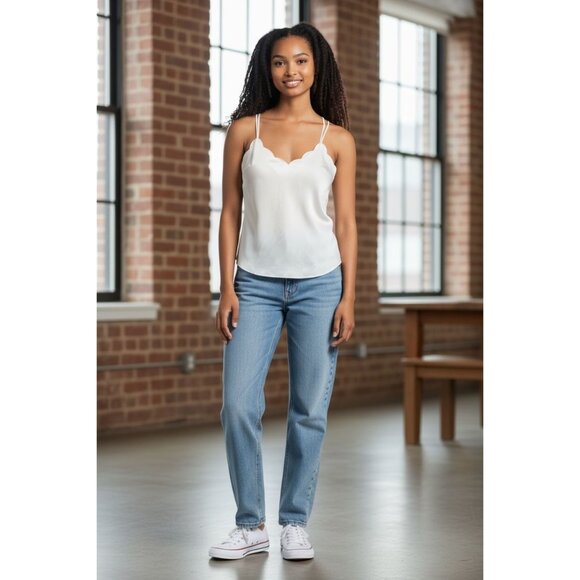 J Crew  Womens 4 Scallop Crepe Cami Lined Tank Top Ivory White Adjustable Straps - Picture 1 of 12